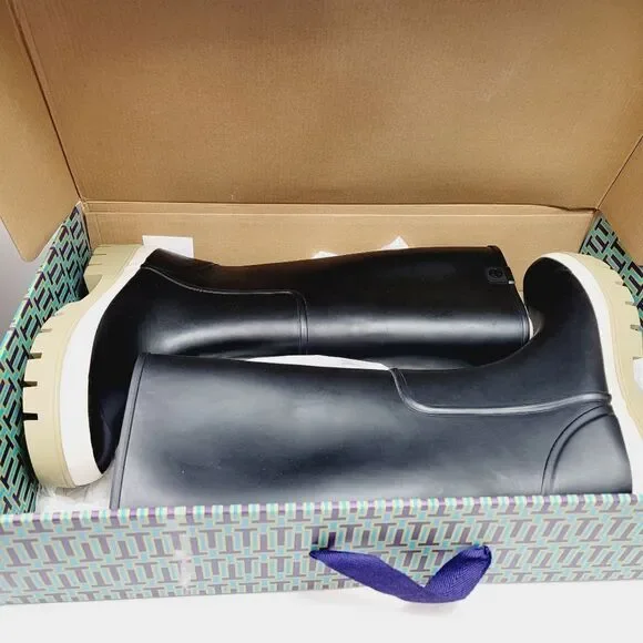 Tory Burch Hurricane Tall Lug Boot Perfect Black Rubber Boot Size 9 NEW